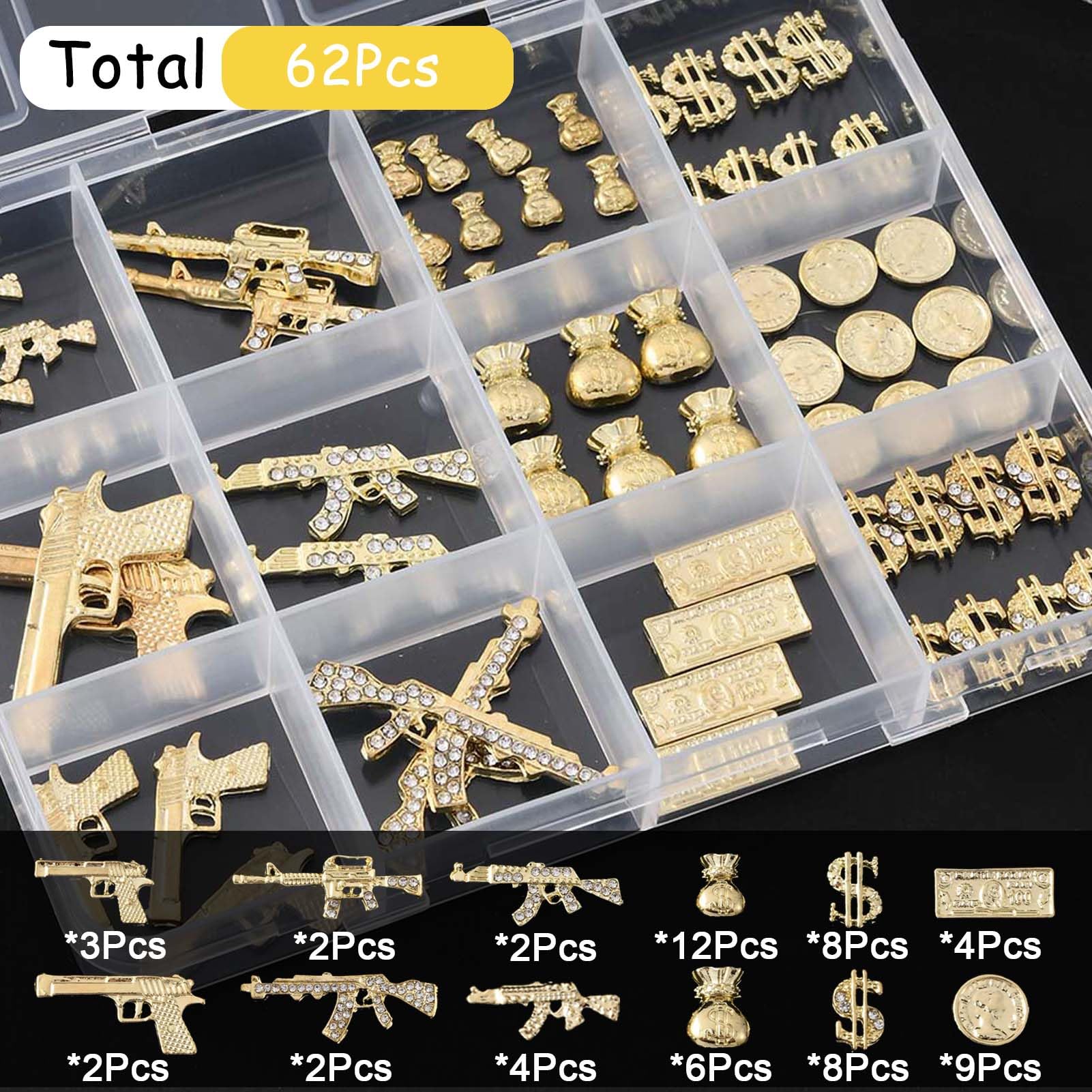 ZUMILLMN 62PCS 3D Nail Charms for Alloy Nails,Set Nail Art Decoration with Gold Dollar, Gun, and Coin,Nail Stones and Jewels Accessories for Nail Supplies Manicure Craft DIY(Gold)