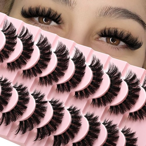 APCYUST Lashes False Wispy Eyelashes Natural Volume Cat Eye Lash Strips Thick Fake Mink Eyelash Pack Natural Looking Fluffy Full Strip Lashes Set Clear Band Easy Eyelashes for Beginners