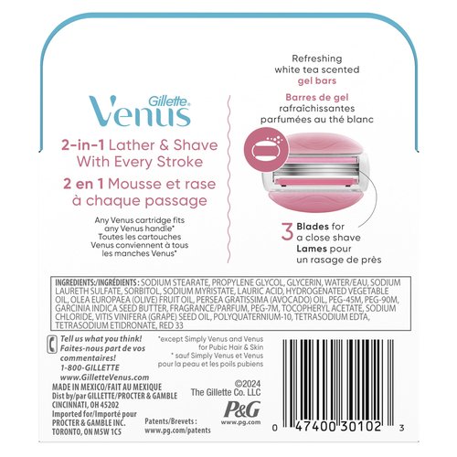 Gillette Venus ComfortGlide White Tea Women's Razor Refills, 4 Refill Cartridges, Fits Venus Reusable Razor Handles, 3-Bladed with Built-in Shave Gel Bars, Holiday Gifts for Women