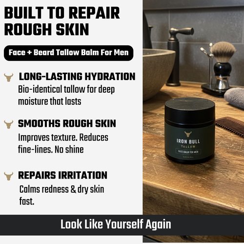 Iron Bull Handmade Beef Tallow for Face. Wrinkle Defense Tallow Face Moisturizer for Men. Treats Dry Skin, Wrinkles & Signs of Aging. Mens Facial Moisturizer All Skin Types. Natural Clean Scent 2 oz