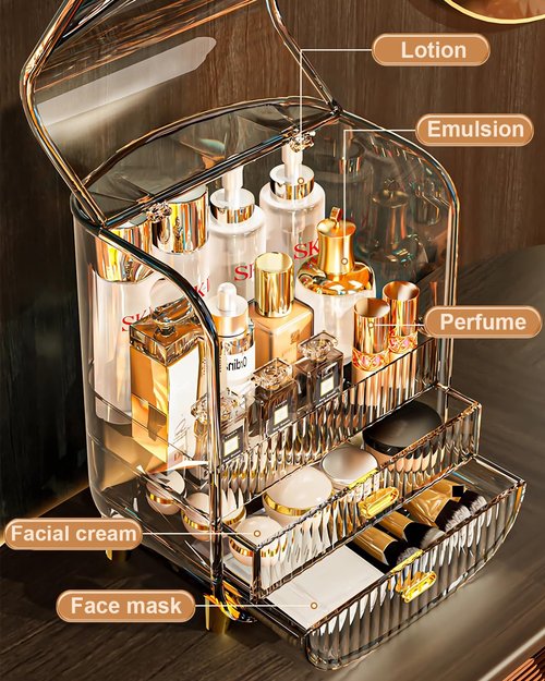 Makeup Organizer, Large Capacity Cosmetics Makeup Organizer for Vanity, Dustproof Waterproof Cosmetics Display Case with Drawers for Skincare, Lipstick, Brushes and Jewelry (Clear)