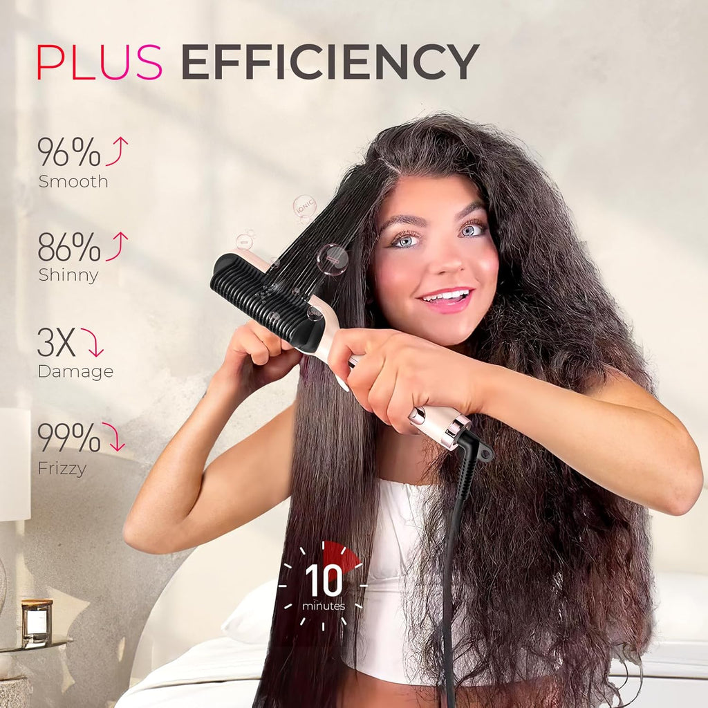 TYMO Ring Plus Ionic Hair Straightener Brush - Professional Titanium Comb with 9 Temp Settings & LED Display, Gold Blush