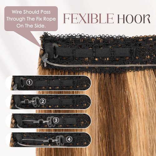 MY-LADY Halo Hair Extensions Real Human Hair for Women Chestnut Brown & Dark Blonde Clip in Remy Hairpiece with Adjustable Invisible Wire 14 Inch 70G