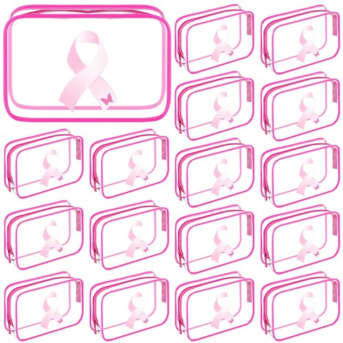 Reginary 20 Pcs Breast Cancer Awareness Clear Makeup Bag Favor, Transparent PVC Waterproof Travel Toiletry Bags with Pink Ribbon Design for Women and Girls, Cancer Survivor and Charity Event Gifts