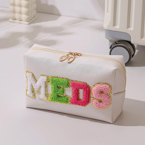 RSRSLEII Cute Chenille Letter Patch Medicine Makeup Bag, PU Leather Waterproof MEDS Cosmetic Bag with Zipper, Travel Toiletry MEDS Pouch, Daily Use Portable Organizer Makeup Bag (01Beige Bag)