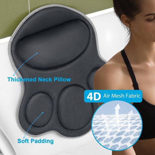 JUSDOO Bath Pillows for Tub Neck and Back Support - Upgraded Non-Slip Rubber Backing & 6 Suction Cups, 4D Air Mesh Spa Bathtub Cushion for Head Rest, Machine Washable with Laundry Bag & Hook (Gray)