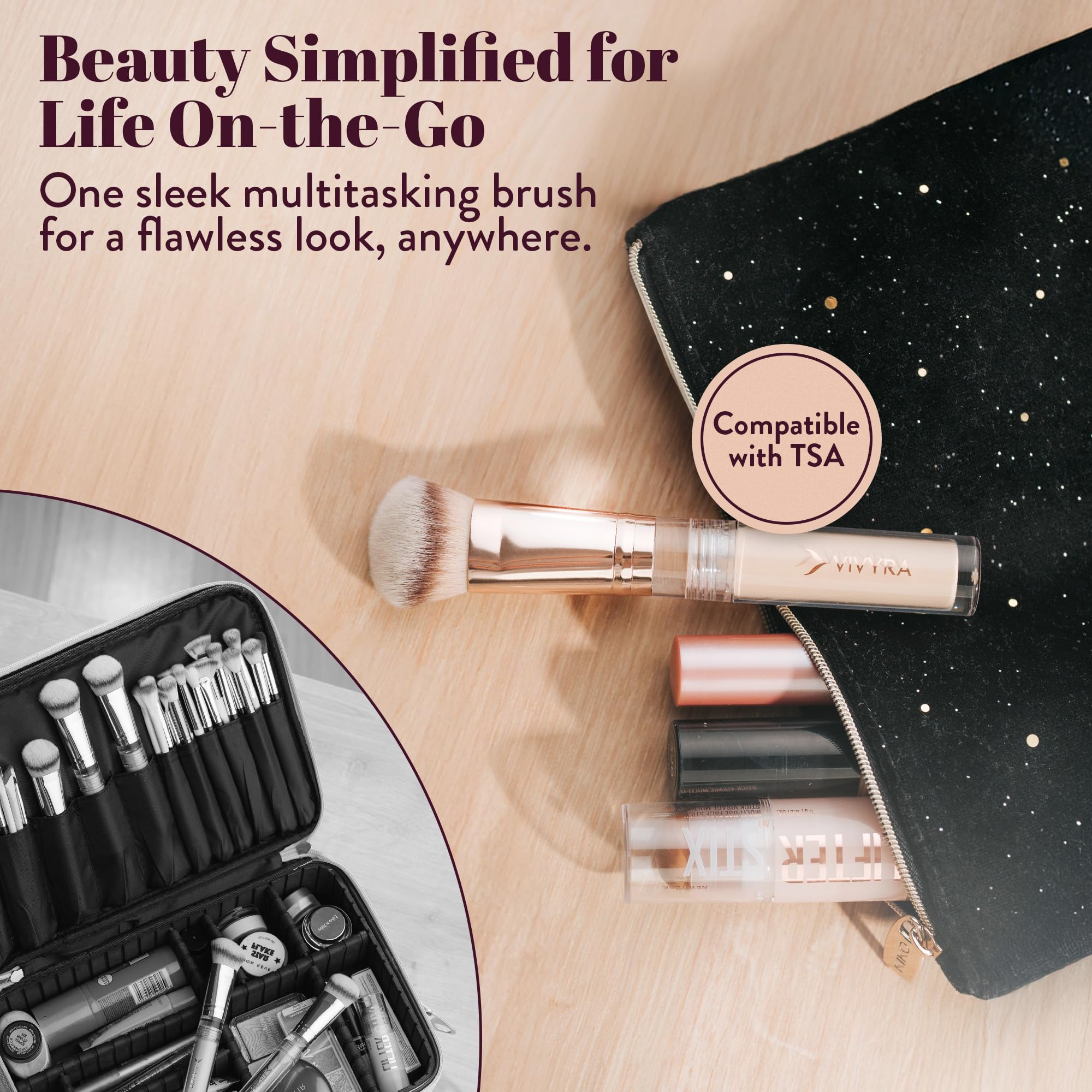 Vivyra Contoured Foundation Brush | Multipurpose Foundation Brush for Liquid & Cream Foundation- with Built-in Container | Contour, Concealer & Blush Makeup brush | Ultimate Travel Makeup Tool