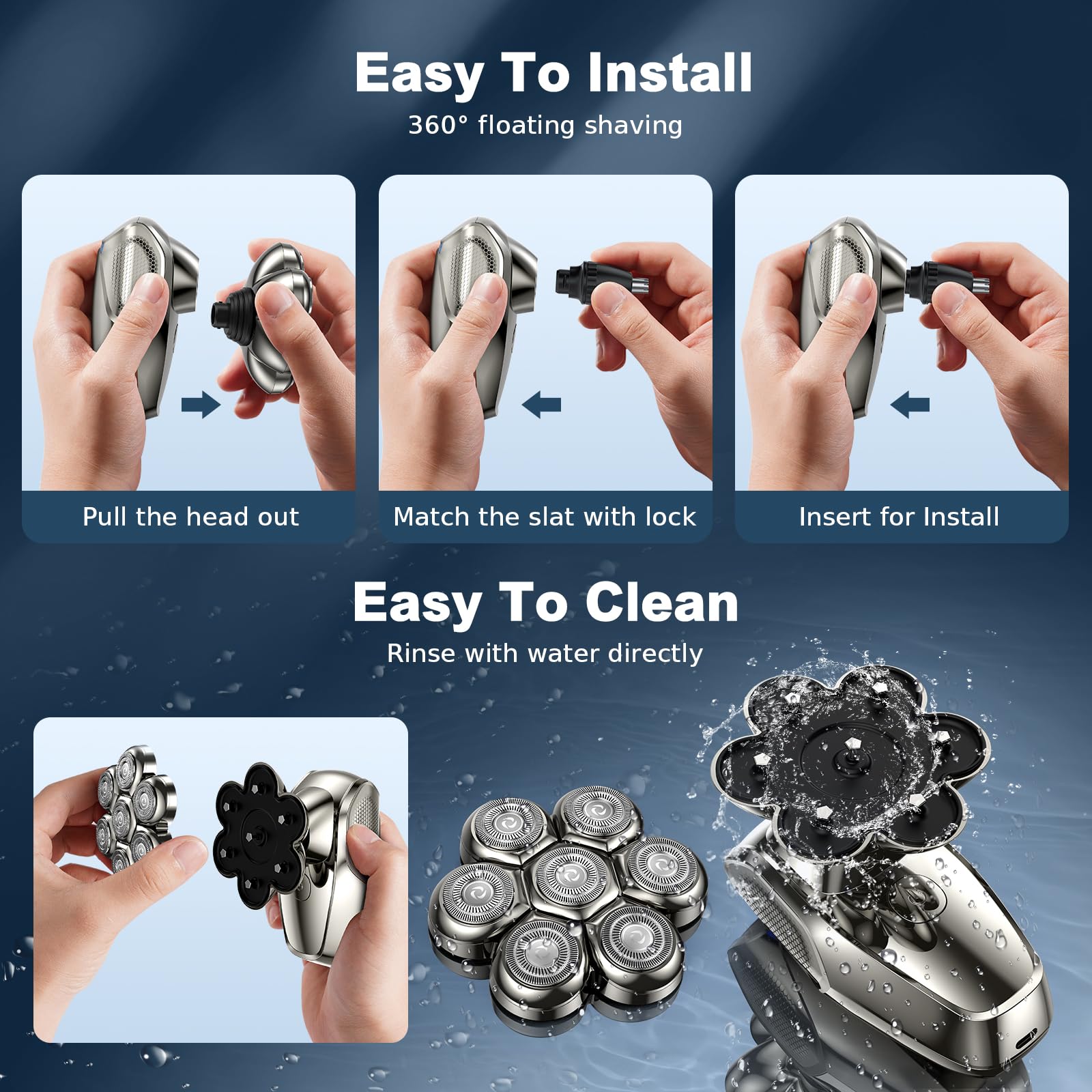 Vylto 7D Head Shavers for Bald Men, Upgrade 5 in 1 Waterproof Electric Razor Men's Grooming Kit, Detachable Wet/Dry Anti-Pinch Head Shavers for Bald Men, LED Display Type-C Charge Head Shaver