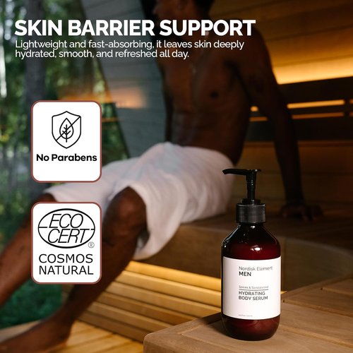 Nordisk Element Body Serum for Men - Lightweight Hydrating Serum with Hyaluronic Acid | 9.13 Fl Oz, Vegan Sandalwood Scent