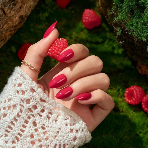 BTArtbox Press On Nails - Raspberry Red Almond Shape | 32 Opaque Soft Gel Nails in 16 Sizes