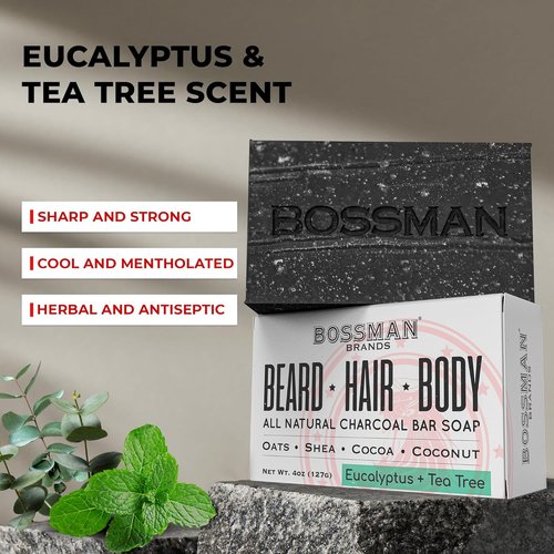 Bossman 4-in-1 Charcoal Soap Bar - All-Natural Men's Beard Wash, Shampoo, Body Wash & Shaving Solution | Eucalyptus & Tea Tree, 4 oz