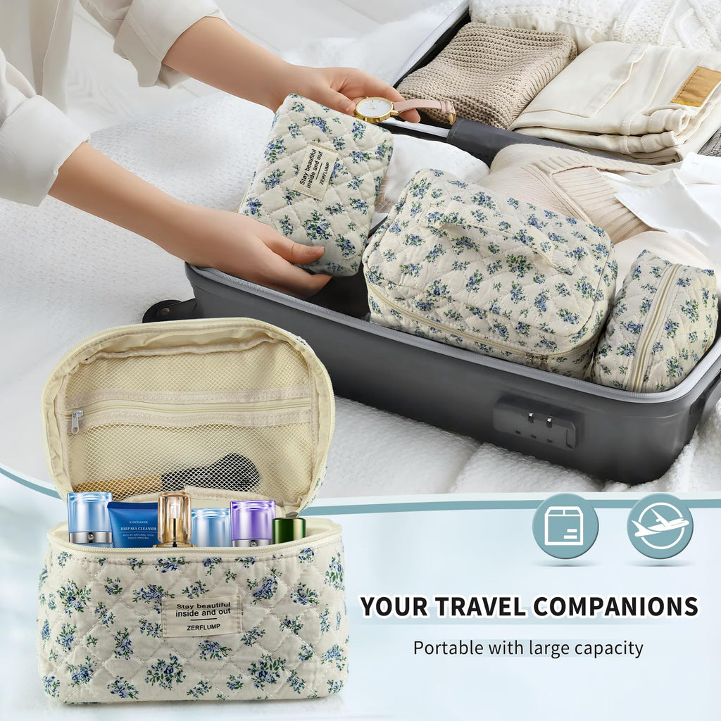 ZERFLUMP Cute Quilted Floral Makeup Bag(3Pcs)，Coquette Aesthetic Cosmetic Bag，Travel Toiletry Bags， Kawaii Aesthetic pouch for Women (4 - Little Blue Flower)