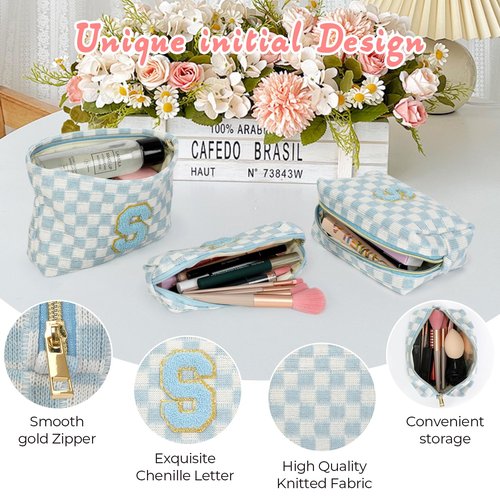 Silongder 3 Pcs Makeup Bag Cosmetic bags for women Large Capacity Checkered Cosmetic Bag Canvas Travel Toiletry Bag Organizer Cute Makeup Bag Mother's Day Birthday Gift for Women (Blue S)
