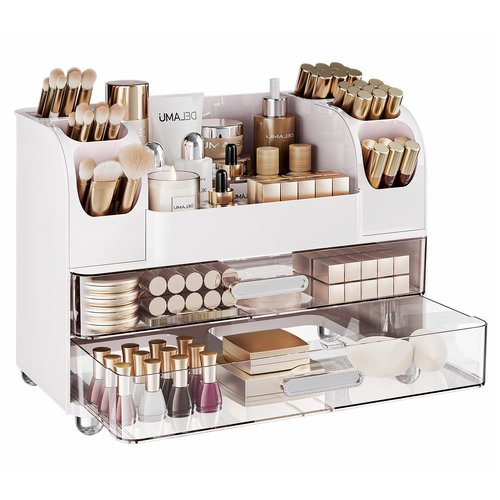 Delamu Makeup Organizer Countertop with 6 Brush Holder, Bathroom Countertop Organizer with 2 Large Drawers, Cosmetic Display Case for Vanity, Ideal Christmas Gifts for Women Girls, Light White