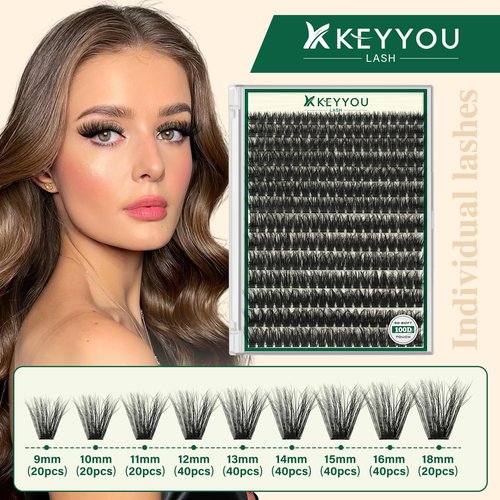 KEYYOU LASH Clusters 3D Effect Eyelash Clusters 280pcs 100D D Curl 9-18MIX Individual Lashes Wispy Lashes Volume Cluster Lashes Natural Soft DIY Lash Extension(3D-100D-D-9-18MIX)