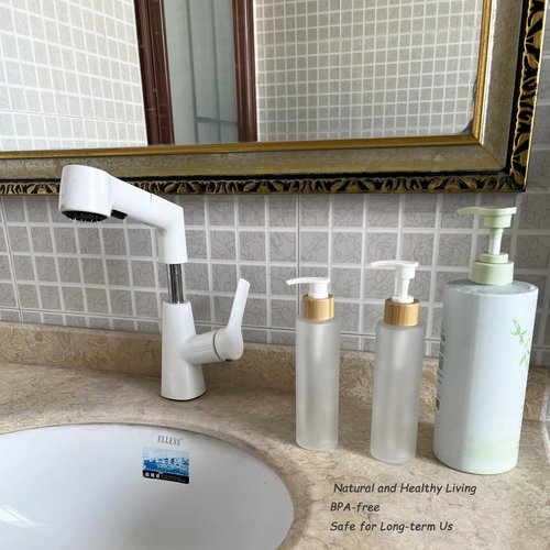 2PCS 150ML/5oz Empty Refillable Frosted Glass Pump Bottles Container Holder Vials Pot Storage with Bamboo Screw Pump Head for Bath Shower Shampoo Hair-Conditioner Cleanser Makeup Liquids