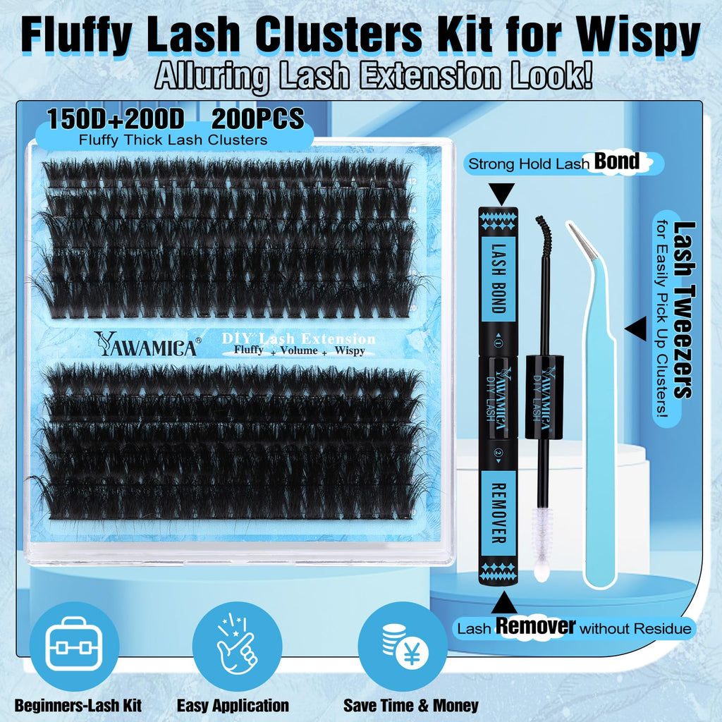 Yawamica Lash Extension Kit Fluffier 150D+200D Lash Clusters Eyelash Extension Kit 12-20mm Individual Lashes with Lash Bond, Lash Remover, Lash Tweezers for DIY Lashes Extension(150D+200D-12-20MM Kit)