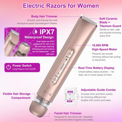 Bikini Trimmer for Women 2-in-1, Dual-Head Electric Razors for Women, IPX7 Waterproof Pubic Hair Trimmer, Facial & Body Electric Shaver, USB Rechargeable, LED Display, Rose Gold