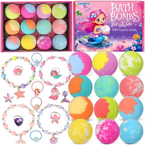 Girls Bath Bombs with Toys Inside for Kids, 12 Pcs Natural Mermaid Princess Bubble Bath Bomb with Jewelry Surprise Inside, Christmas Easter Basket Stuffer Valentines Day Birthday Gift Set