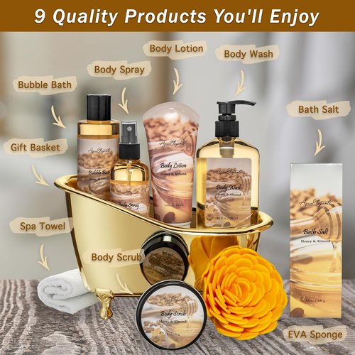 Regine Switzerland Spa Gift Basket - Luxury Bath Set with Honey & Almond | Includes Body Wash, Lotion, and More