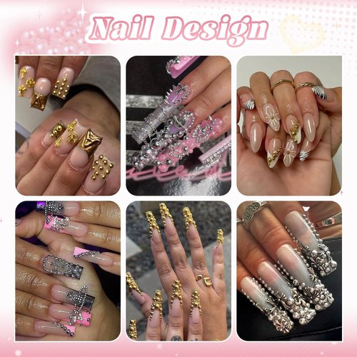 Silver and Gold Nail Charms and Gems wiith Glue, 1.5-5mm Half Round Nail Pearls for Nails with Pickup Pencil and Tweezers, Pearl Nail Charm Rhinestones for Crafting Face Hair Manicure DIY Decor
