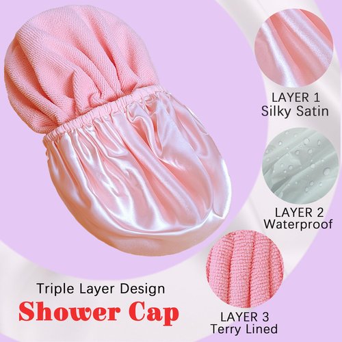 Shower Cap Reusable Waterproof, Terry Lined Shower Caps for Women, Triple Layer Hair Cap for Shower, Large Plastic Shower Cap for Braids Long Hair