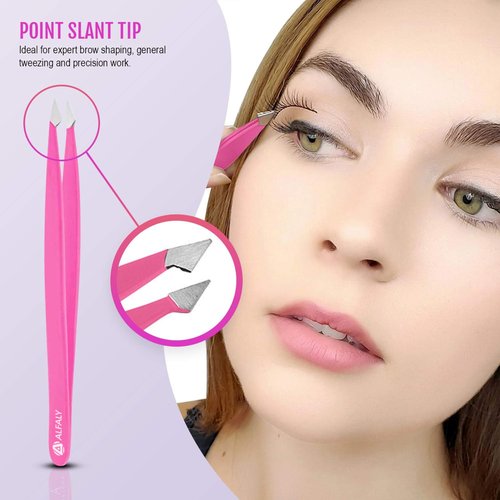 Alfaly Tweezers Set - Professional Stainless Steel 5-Piece Precision Tweezer for Men & Women - Great for Facial Hair Removal, Eyebrow Shaping, Splinters & Ingrown (Pink)