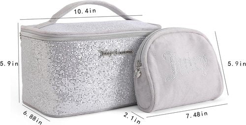 Juicy Couture Silver Sparkle Makeup Bag Set - Travel Essentials Organizer with Glitter & Rhinestones