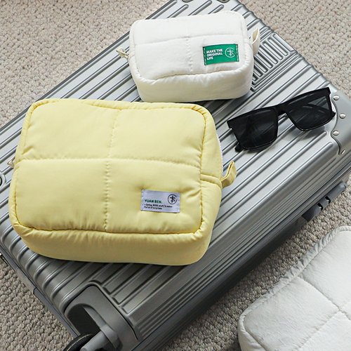 Veki Puffy Makeup Bag, Travel Cosmetic Bags for Women, Cute Quilted Make up Pouch, Toiletry Organizer Travel Essentials and Rectangular Quilted (Yellow, Small)