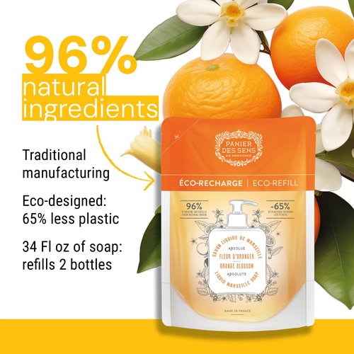 Panier des Sens Liquid Hand Soap Refill – Orange Blossom Hand Soap Refills – French Moisturizing Hand Wash with Coconut Oil - Kitchen & Bathroom Hand Wash- Orange Soap Refill 96% Natural - 34 Floz