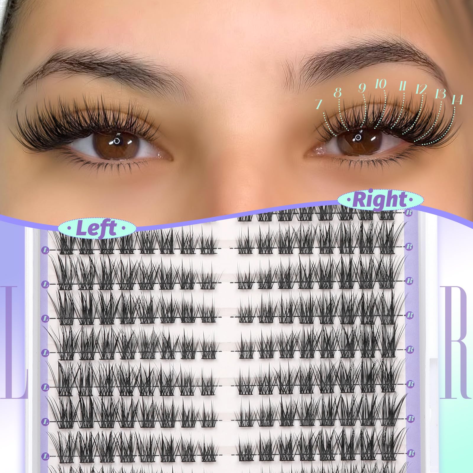 Yawamica Natural Lash Clusters Short Cat Eye Lash Extension 7-14mm Wispy Eyelash Clusters C Curly Individual Lashes Pre-mapped Left Right Cluster Eyelash Extensions DIY Lash Natural Look
