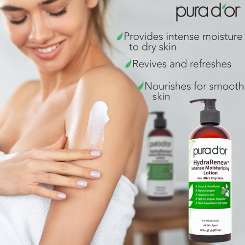 PURA D'OR HydraRenew Intense Moisturizing Lotion for Ultra Dry Skin – Hand & Body Cream with Cocoa & Shea Butters, Hyaluronic Acid, GHK-Cu Copper Tripeptide-1, Marine Collagen, Plant Stem Cells, 16 oz