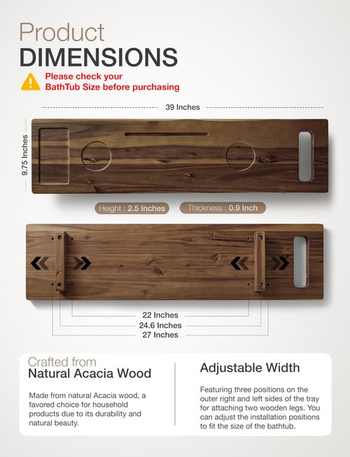 Tinamo Acacia Bathtub Tray Caddy with Adjustable Legs - Bath Tub Tray for Freestanding Tubs - 39x9.75 Inch Large Wooden Anti-Tipping Tub Tray for Bathtub with Accessories Holders (Walnut, 39x9.75)