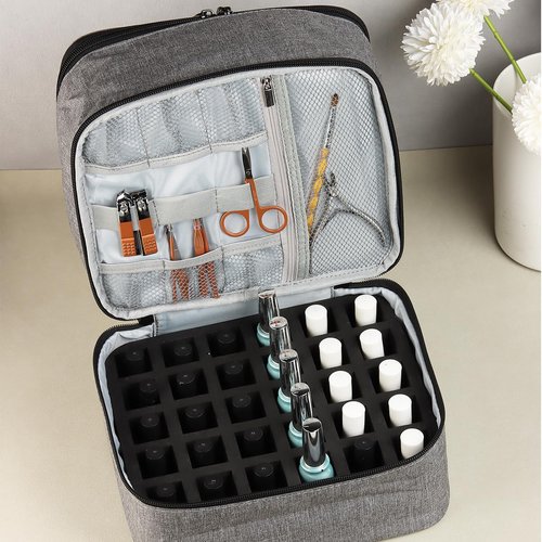 Fcozpjk Nail Polish Organizer Case, Portable Nail Polish Holder for 30 Bottles, Nail Lamp Storage Bag, Nail Art Tool Organizer