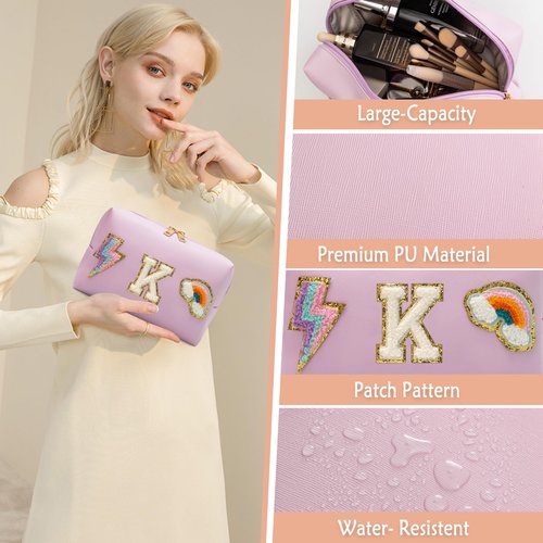 LUCKIPLUS Makeup Bag Preppy Cosmetic Pouch, Monogram Initial Pink Cute Skincare Travel Make up Organizer, Waterproof PU Preppy Case Brithday Gift for Daughter Women Mother (Letter K)