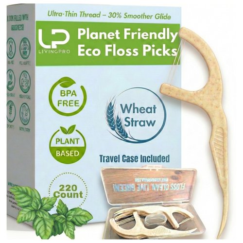 Twin Line Biodegradable Floss Picks (220 Count) - Compostable Tooth Flossers Minty Fresh-Double Thread 2X The Clean | Bonus Travel Case | Thing Thread Glide Easy & Shred-Resistant
