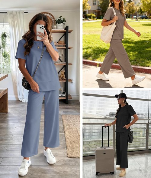 ATHMILE Women's 2-Piece Lounge Set - Comfy Summer Travel Outfit | Wide Leg Beach Tracksuit