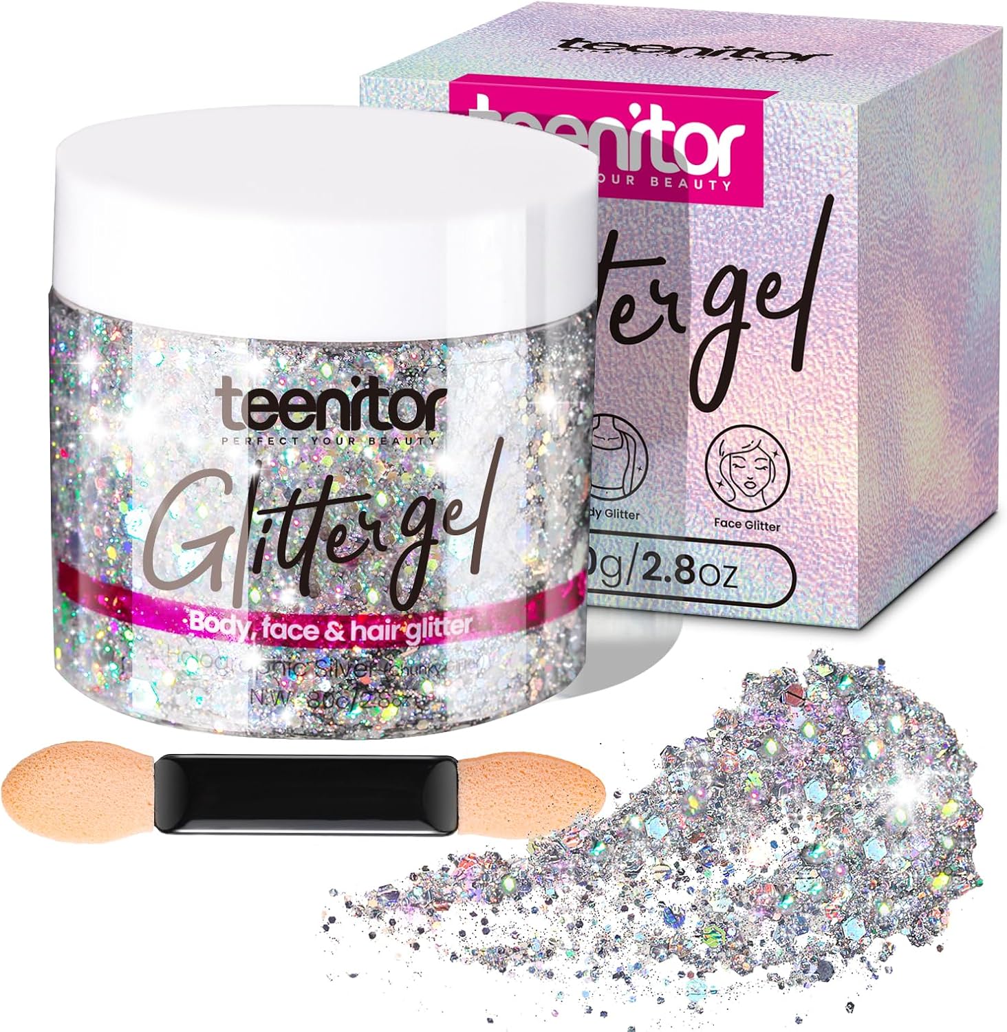 Teenitor Body Glitter Gel - Holographic Chunky Makeup for Face, Hair & Eyes | Silver Color