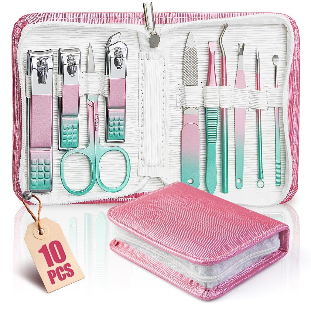 WOAMA Manicure Set Travel Nail Clippers 10-Piece Toenail Clippers Pedicure Kit Stainless Steel Nail Kit for Women - Rainbow