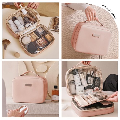 BAKLUCK Travel Makeup Bag Large Capacity Transparent Double Sided Cosmetic Bags with Makeup Brush Compartment- PU Waterproof Leather Makeup Toiletry Organizer Bag for Women,Pink