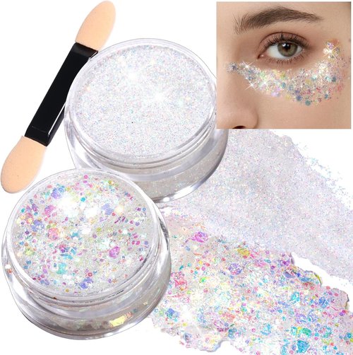 Teenitor Face Glitter Gel Set - 2 Versatile 20g/0.7oz Body & Hair Glitter Gels in White for Makeup