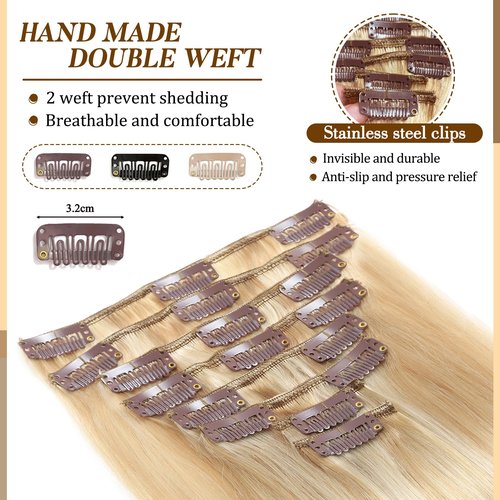 Clip in Hair Extensions Real Human Hair, 14 inch 80g, Balayage Invisible Remy Human hair Clip in Extensions for Women Seamless Straight 8Pcs Double Weft Dark Blonde Highlighted Bleach Blonde