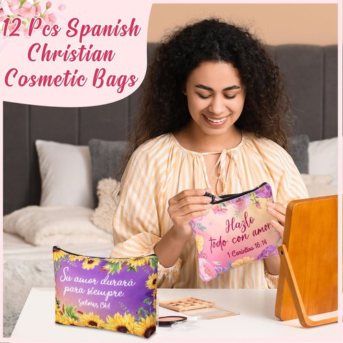 Kacctyen Spanish Christian Cosmetic Bags Bulk Mother's Day Church Gifts Spanish Christian Gifts for Women Bible Verse Pencil Pouch Makeup Bag Regalos Religiosos Para Mujer(12 Pcs,Classic Style)
