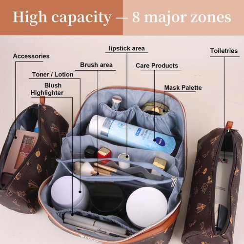 BOYATU Travel Makeup Bag Cosmetic Bags for Women: 3 Pcs Set Portable Make up Bag with Handle - Vegan Leather Toiletry Bags with Compartments - Makeup Organizer for Travel Essentials(L-1-Brown)