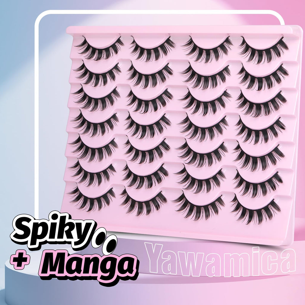 Yawamica Wispy Manga Lashes 8D Thick & Spiky False Eyelashes 15mm Doll Lashes Anime Eyelashes Style Natural Look 14 Pairs Pack Strip Lashes Look like Eyelash Extension