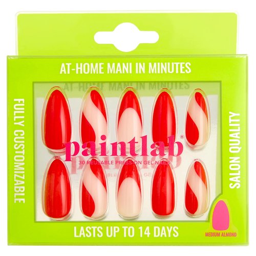 PaintLab Press On Nails Kit for Women – Scarlet Swirl Almond Fake Nails, 30 Nails in 15 Sizes with Glue, Reusable Salon Quality Press On Nails