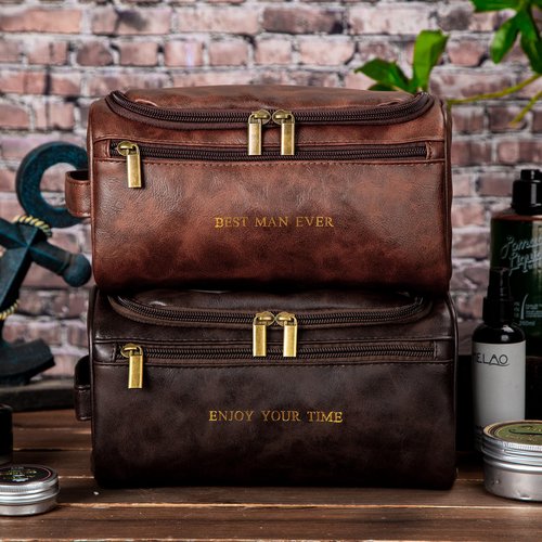 Flycalf Mens Toiletry Travel Bag Customized Mens Leather Toiletries Grooming Bag for Men Shaving Bag Hanging Water Resistant Organizer (Coffee)