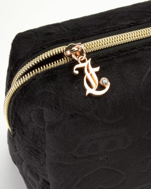 Juicy Couture Black Makeup Bag Cosmetics Organizer Travel Essentials Zip Top Wedge Velour Heart Crown