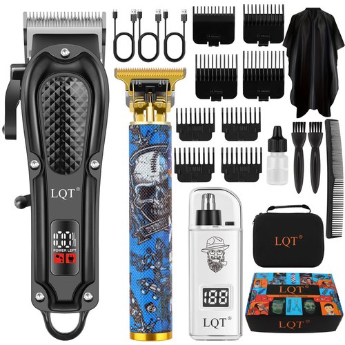 LQT Hair Clippers for Men, Professional Rechargeable Cordless Clippers for Men Electric Beard Trimmer Nose and Ear Hair Trimmer with Comb, Wrap, Bag, Men's Birthday Christmas Gifts