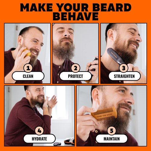 Tame the Wild Premium Beard Grooming Kit - Heated Beard Brush, Straightener Comb, Heat Protectant Spray, Beard Soap, Balm, Wooden Comb, and Storage Case
